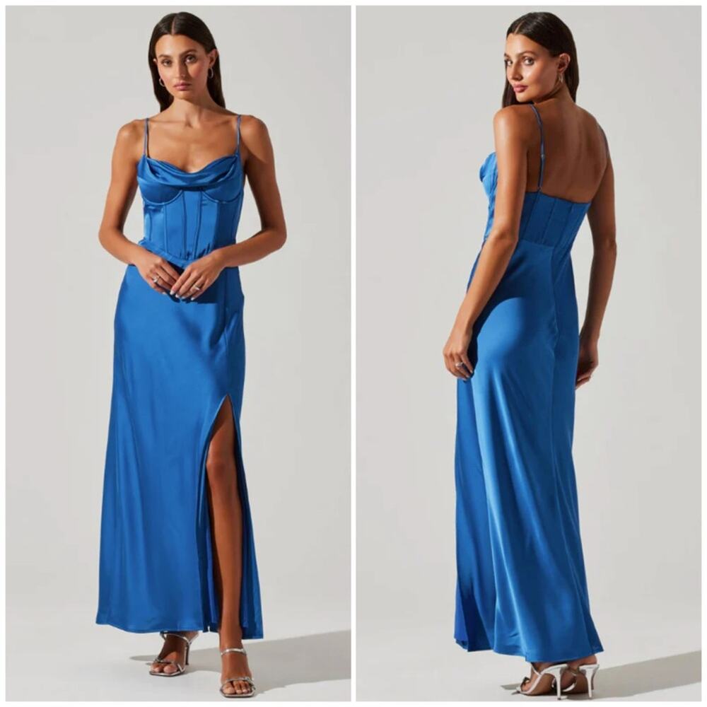 ASTR The Label Cannes Maxi Dress M Blue Satin Bustier Formal Evening Elegant
